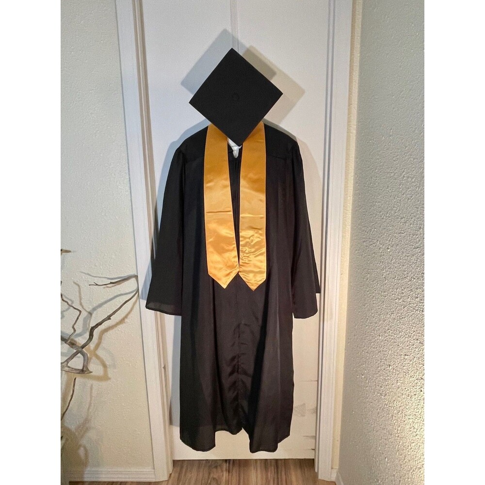 Oak Hall Adult Graduation Cap & Gown Set, Black Grown & Cap Gold Stole
